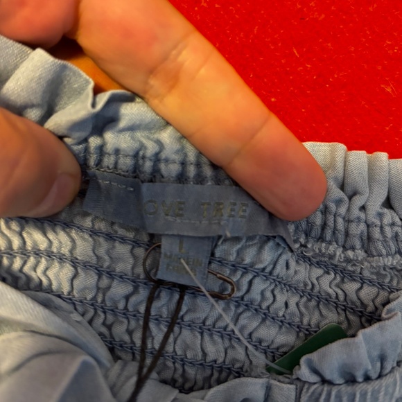 Love Tree baby blue denim boho peasant puff sleeves accent bow bustier top NWT - Picture 6 of 13